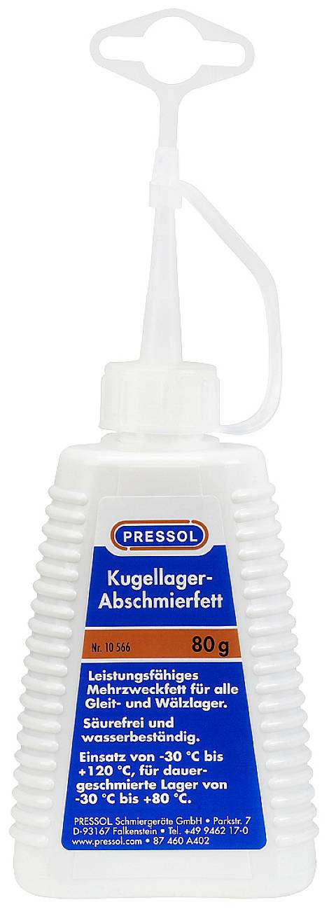 A plastic bottle of 'ball bearing lubricating grease' by Pressol, 80 g, with a removable nozzle and handle for easy pouring.