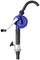 Blue and black hand pump with rotary handle and discharge pipe, suitable for liquid extraction from barrels.