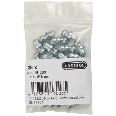 A transparent plastic bag contains 25 silver-coloured grease nipples by Pressol, article number 16003, size Ø 6 mm.