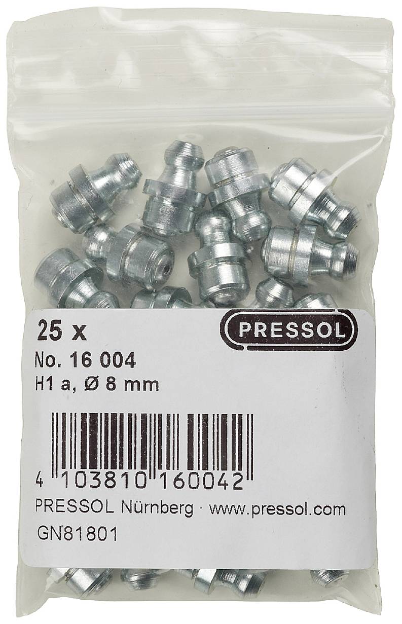 Plastic bag with 25 metal nipples, Product number 16 004, Ø 8 mm. Manufacturer code: GN81801, by PRESSOL, sold in Nuremberg.