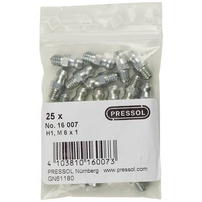 Plastic bag containing 25 metal fittings, labelled 'PRESSOL'. Article number and barcode visible.