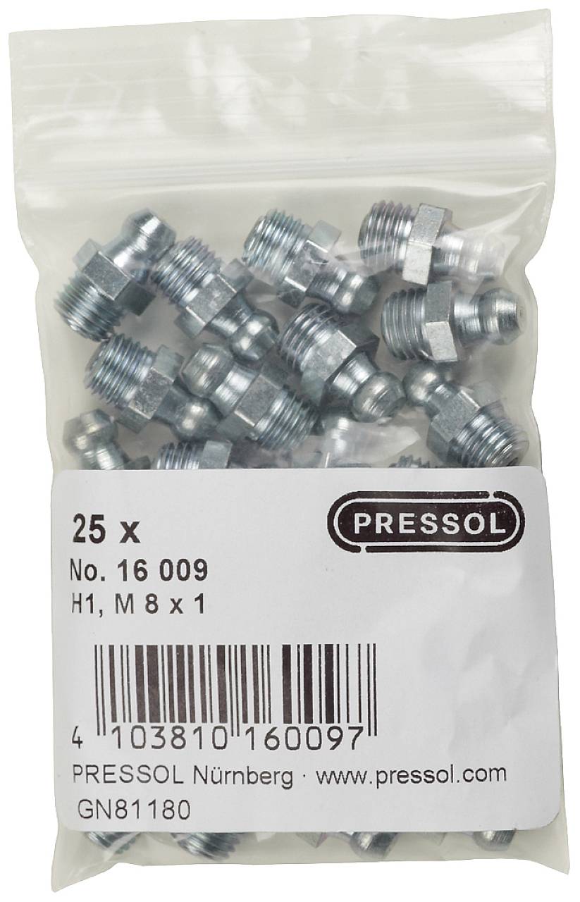 'Pack of 25 metal connecting pieces, size M8 x 1. Packaging bears inscription: PRESSOL Nuremberg, No. 16 009.'