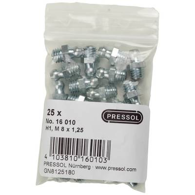 Bag of 25 grease nipples, Article Number 16 010, H1, Thread M8 x 1.25 by Pressol. Includes barcode and manufacturer information.