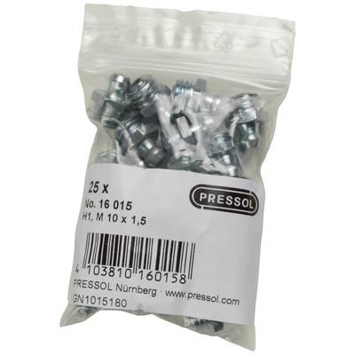 A pack of 25 grease nipples, model number 16 015, size M 10 x 1.5, by the brand PRESSOL, presented in a transparent bag.