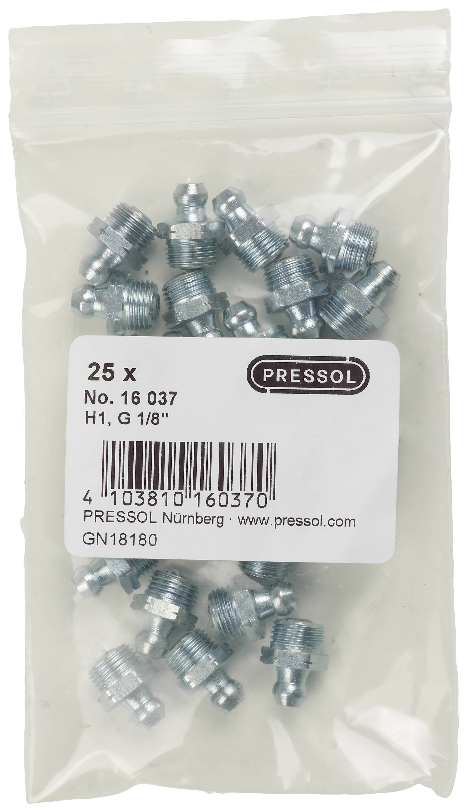 A transparent packaging containing 25 metal fittings by Pressol, article number 16 037, size H1, G 1/8.