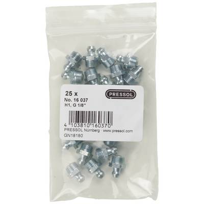 A transparent packaging containing 25 metal fittings by Pressol, article number 16 037, size H1, G 1/8.