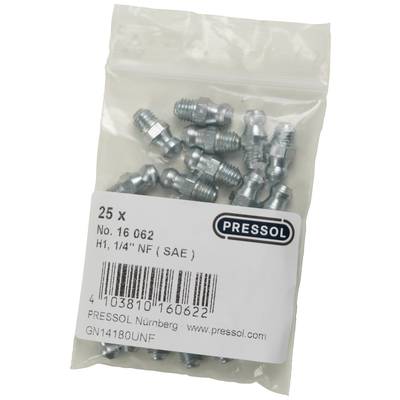A bag containing 25 metal fittings. The label reads '25 x No. 16 062 H1, 1/4" NF (SAE)'. Manufacturer: Pressol, Nuremberg.