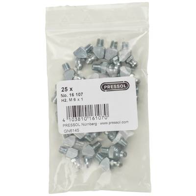 A transparent bag containing 25 hexagonal grease nipples, labelled 'Pressol', size M6 x 1.