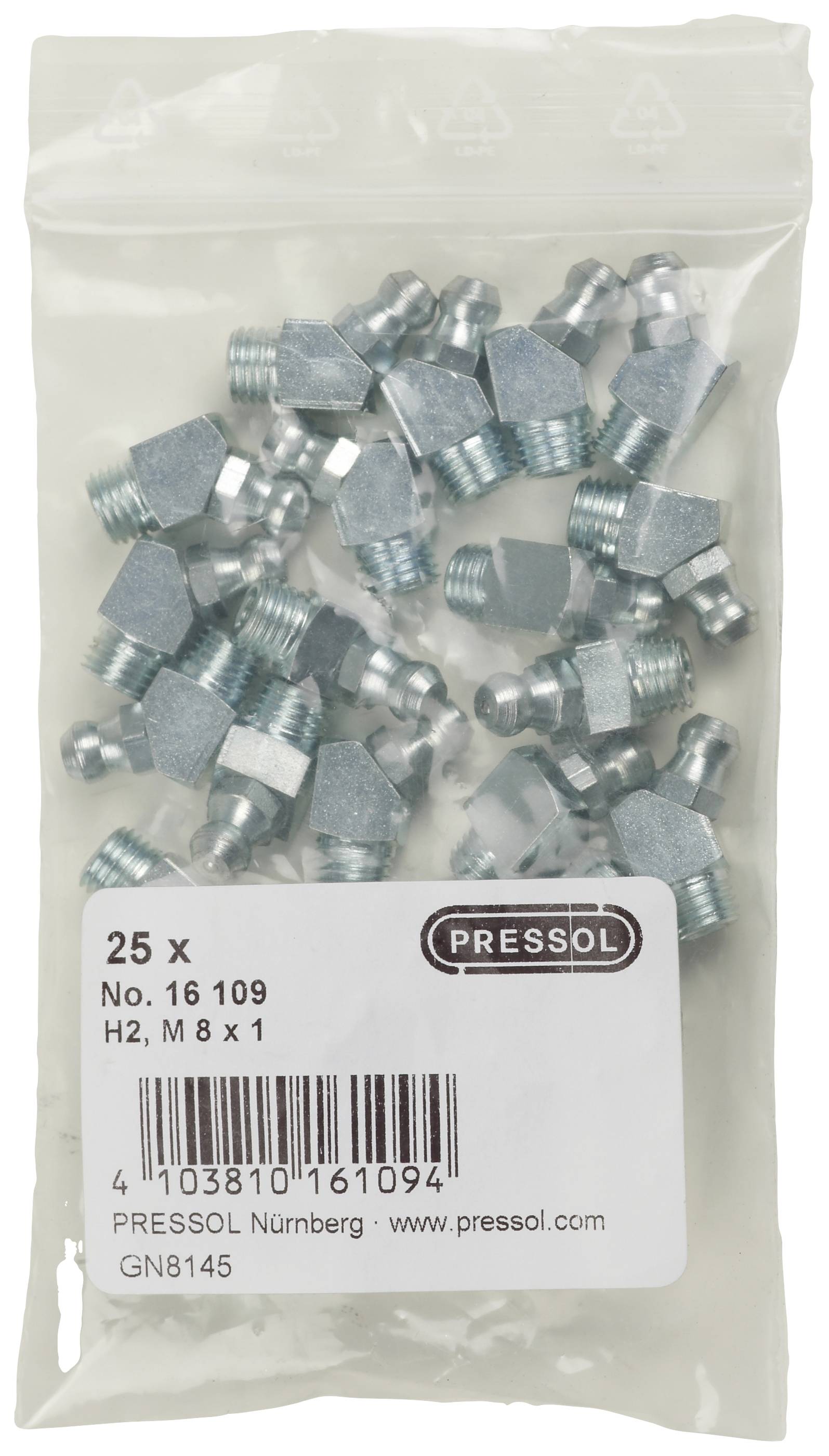 A plastic bag containing 25 metal grease nipples, M8 x 1. The label shows the part number 'No. 16109' and the manufacturer 'Pressol'.