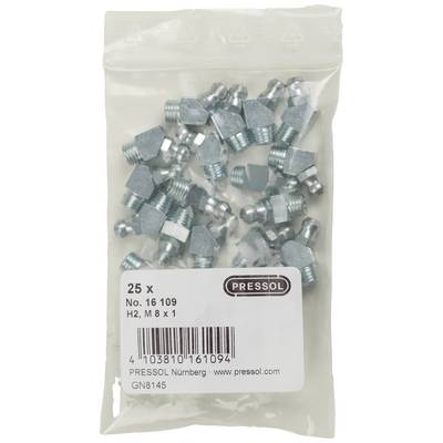 A plastic bag containing 25 metal grease nipples, M8 x 1. The label shows the part number 'No. 16109' and the manufacturer 'Pressol'.
