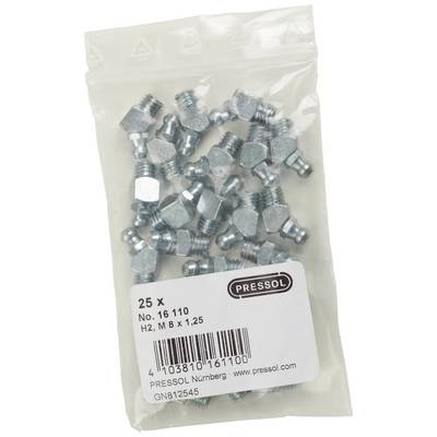 A plastic bag containing 25 metal grease nipples, product number 16 110, from PRESSOL Nuremberg. Label displays barcode and website.