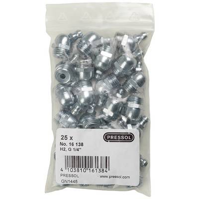 A bag containing 25 metal grease nipples, size H2, G 1/4", from the Pressol brand.