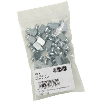 Plastic bag containing 25 metal components, labelled 'PRESSOL', No. 16 211, H3, M 8 x 1.25.