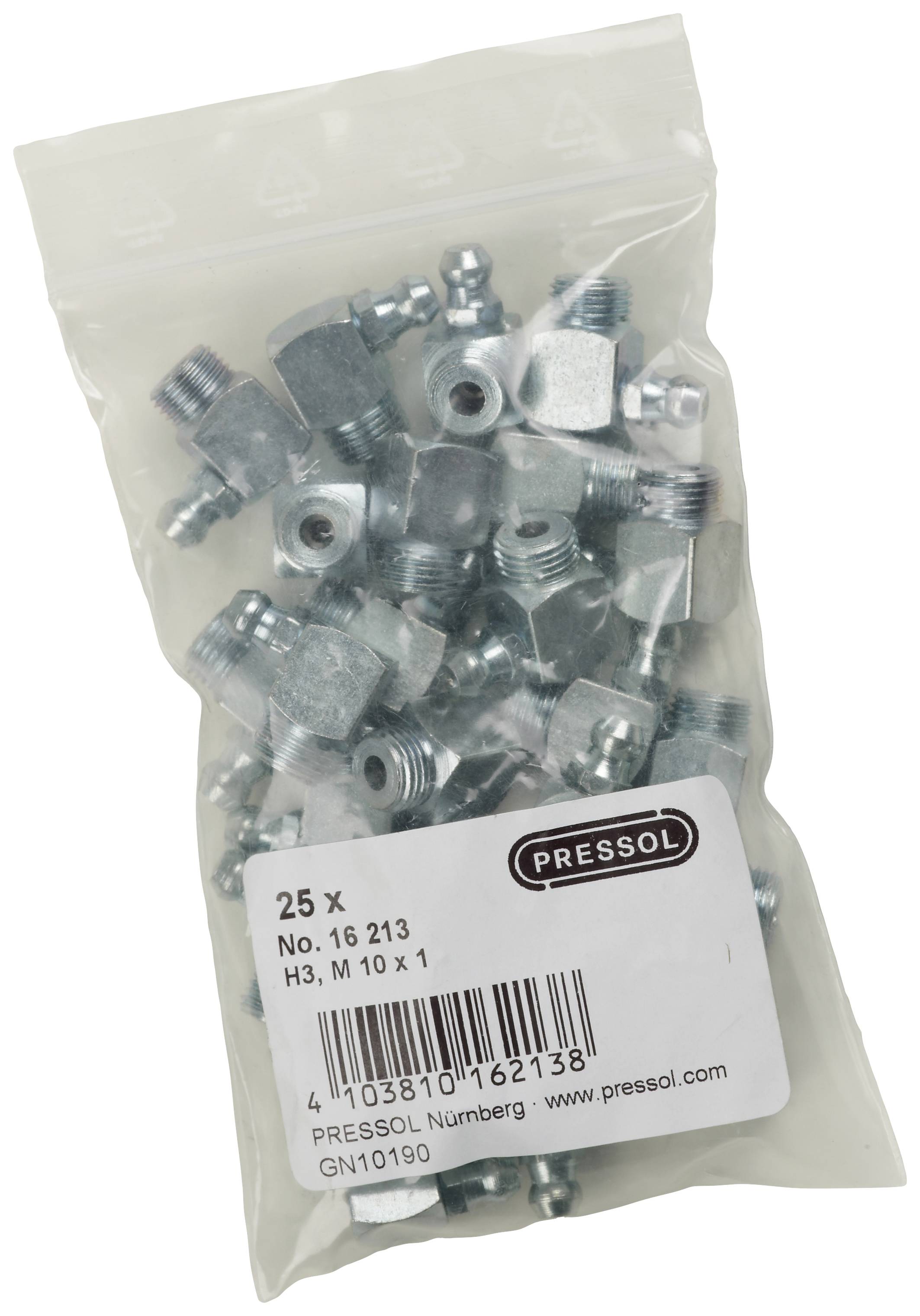 A bag containing 25 metal screws, labelled 'No. 16 213, H3, M 10 x 1'. Manufacturer: Pressol.