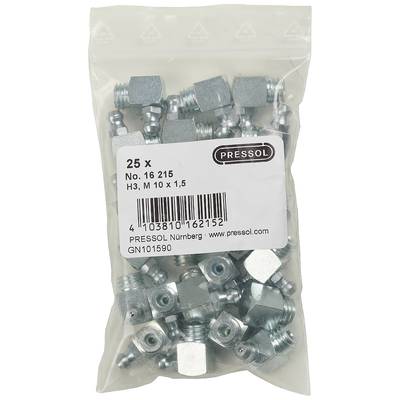 A bag containing 25 metal fittings by PRESSOL, size M10 x 1.5, with item number and barcode visible on the label.