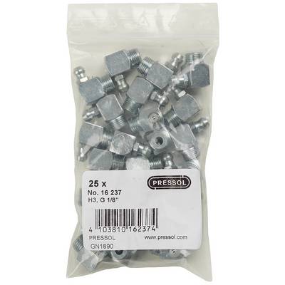 A bag containing 25 metal connectors with the marking '25 x No. 16 237 H3, G 1/8"' for Pressol.