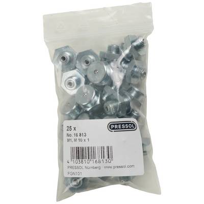 A plastic bag containing 25 metal screws, labelled 'PRESSOL', article no. 16813, size M1, M 10 x 1, from PRESSOL Nuremberg.
