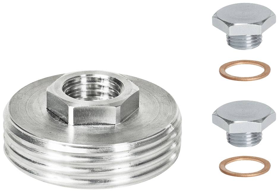 Metal threaded adapter with seals shown. Left: Flat, round adapter with central thread. Right: Two smaller threaded screws and copper seals.
