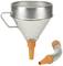 Metal funnel with handle and orange flexible hose, used for transferring liquids.