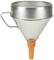 Metal funnel with handle and orange spout, ideal for pouring liquids or powders into narrow containers.