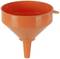 An orange plastic funnel with a wide opening and narrow spout. Suitable for pouring liquids into narrow containers.