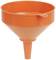 Orange plastic funnel with handle, ideal for transferring liquids into containers with a small opening.