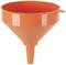 An orange plastic funnel with a wide opening and narrow spout. Ideal for pouring liquids.