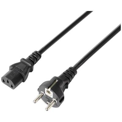 Two black cable plugs: On the left, a female socket with three openings, on the right a two-pin Euro plug.