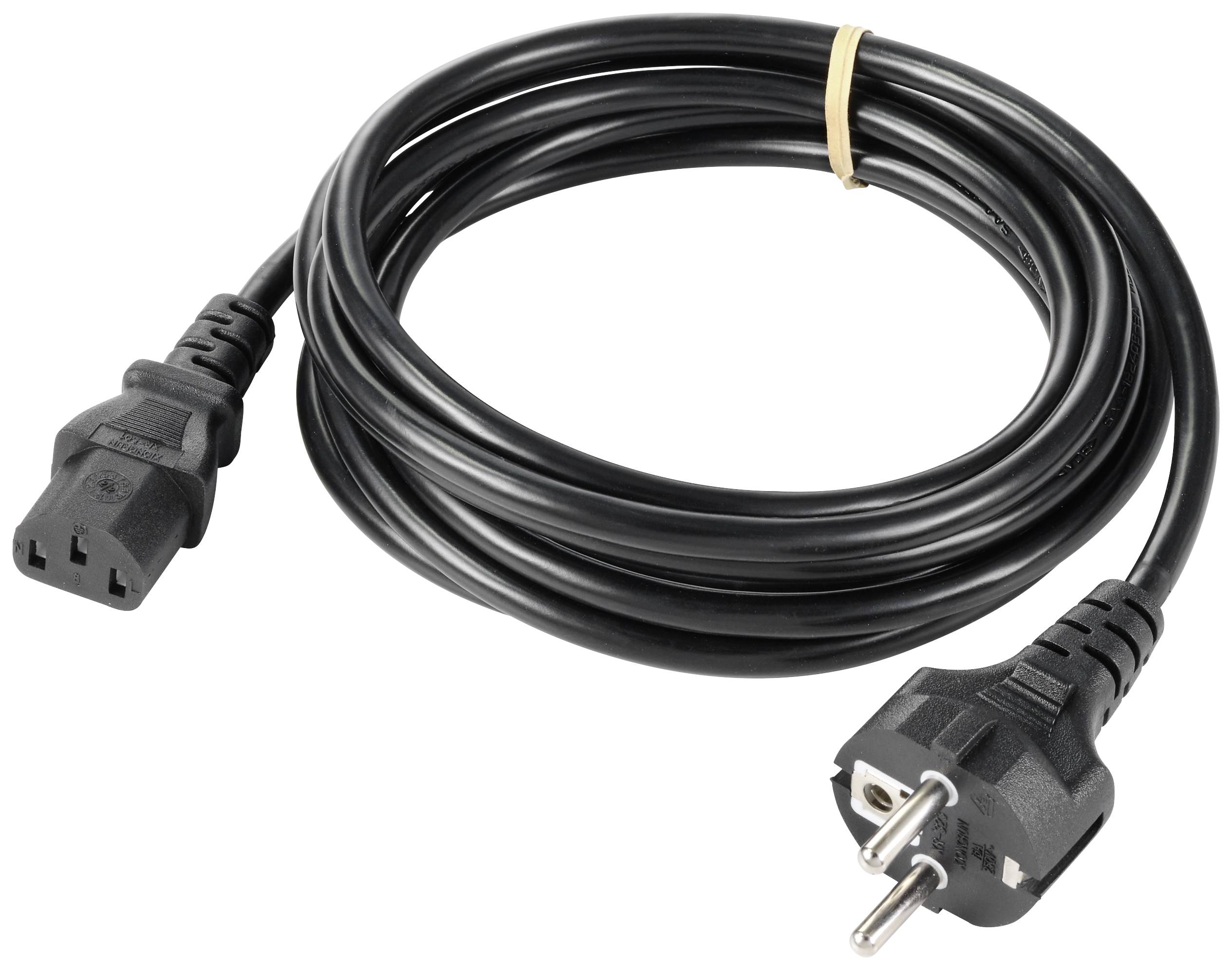 Black power cable with Schuko plug and C13 socket, suitable for computers and electronic devices.