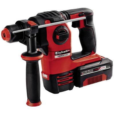 Red and black cordless hammer drill with a side handle and a brand logo on the casing.