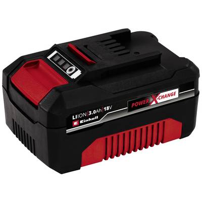 Black and red 18V lithium-ion battery with Einhell Power X-Change label, suitable for tools and devices.