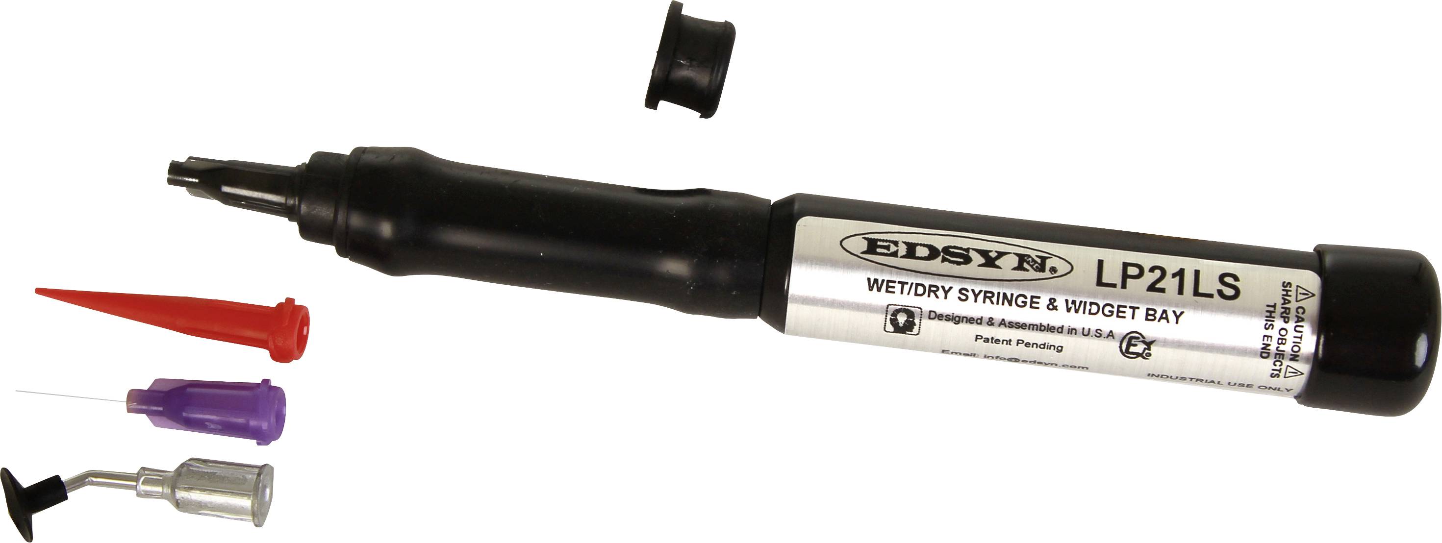 A black Edsyn LP21LS liquid dispenser with adapter nozzles in various colours and sizes, loosely placed beside it.