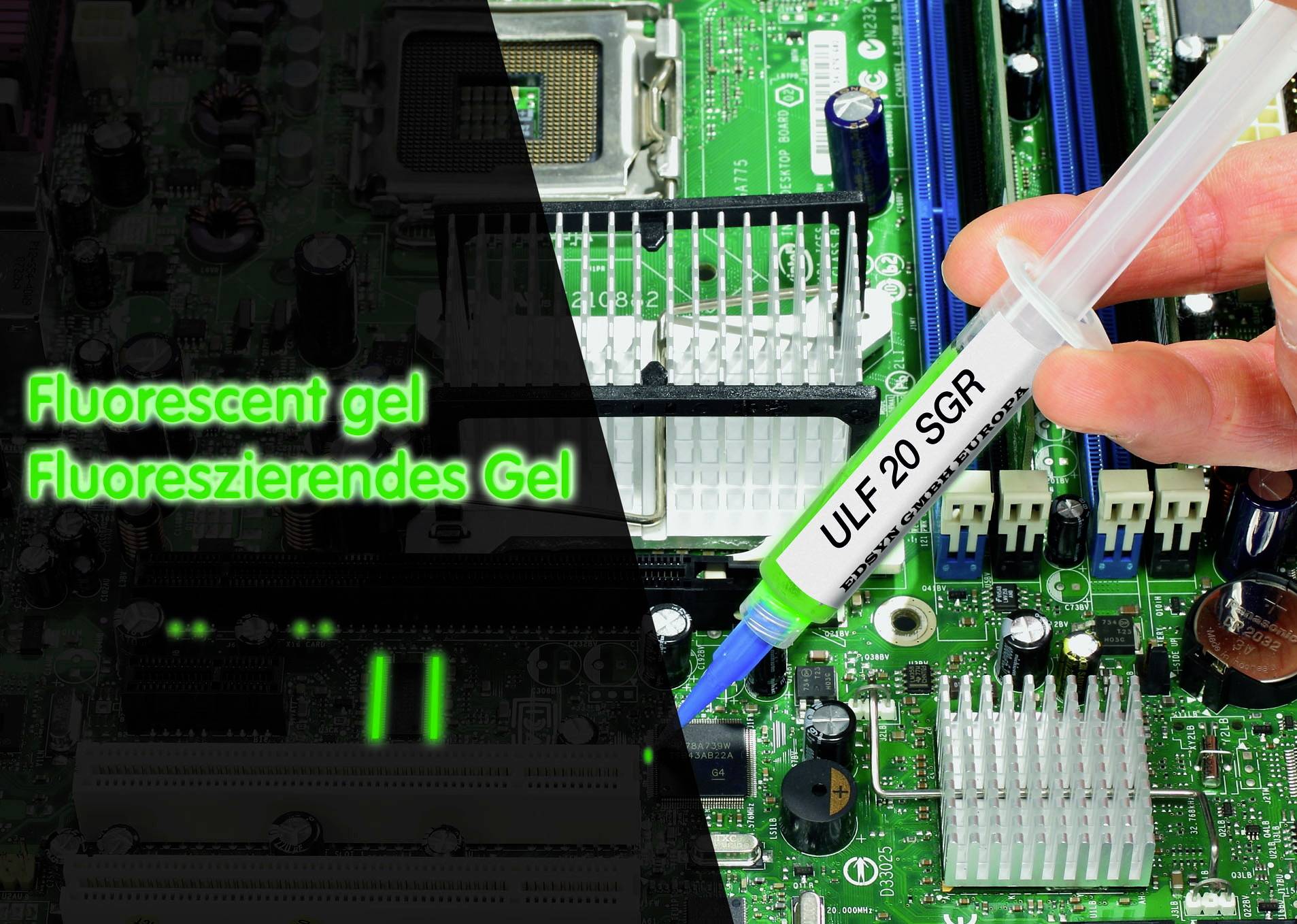 'Fluorescent gel' being applied with a syringe onto a computer motherboard. The text is set against a black background.