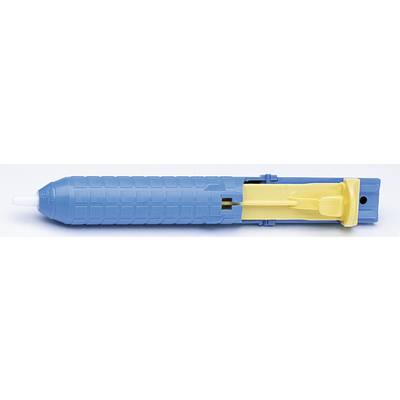 A blue and yellow safety lancet device for blood sampling.