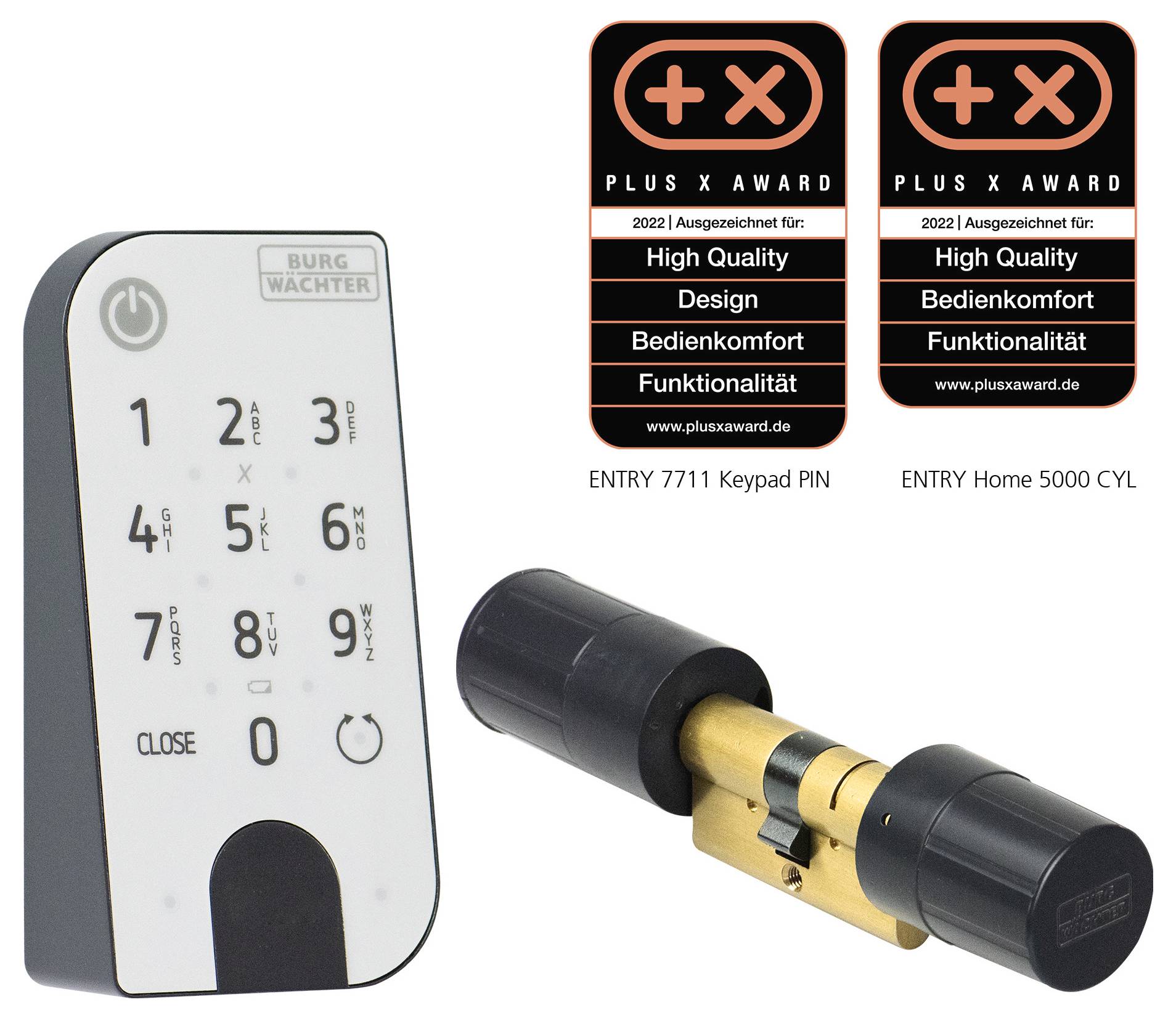 Electronic door lock with touchscreen keypad and cylinder lock. Awarded the Plus X Award for Quality and Design.
