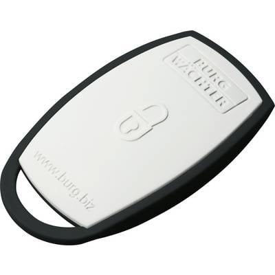A beige key finder with rounded edges, an engraved lock symbol, and the website 'www.burg.biz'.