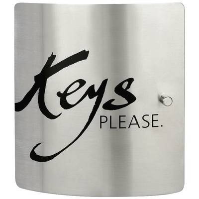 A silver metal box with the inscription 'Keys Please.' in black lettering.