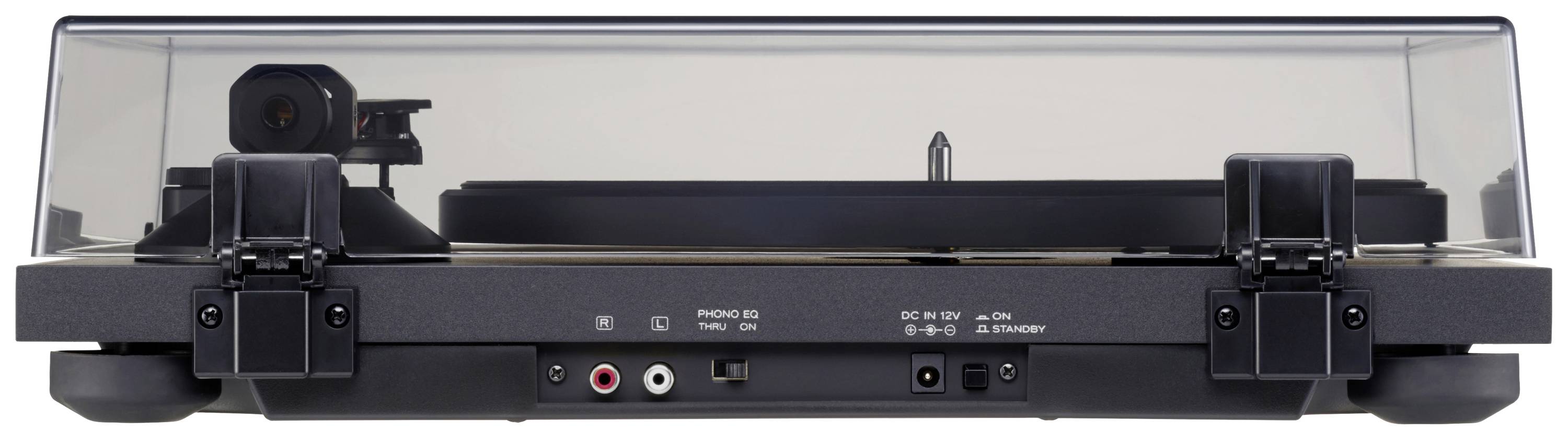 A closed record player with a transparent lid, showing connections on the back, including power and audio sockets.