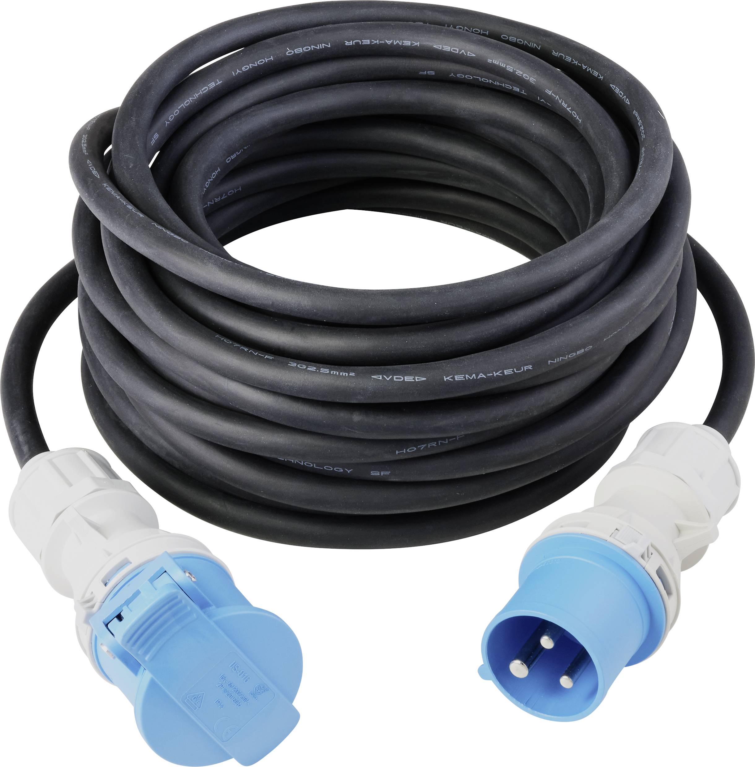 A long, black power cable with blue and white plugs at each end, coiled and ready for use.