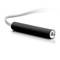 A black, cylindrical audio cable with a metal plug lies diagonally on a white surface.