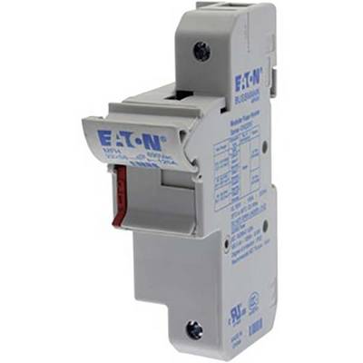 Single-pole circuit breaker by Eaton with blue lettering, open switch, and technical label on the side.