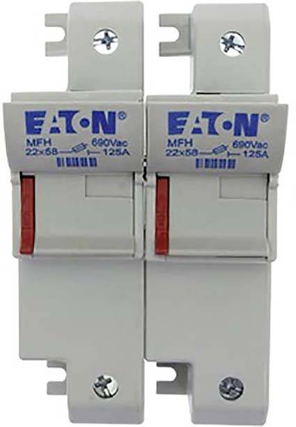 A double-pole fuse holder with the inscription 'Eaton MFH 690Vac 125A', suitable for 22x58 mm fuses, mounted on a DIN rail.