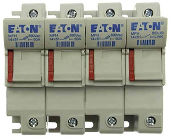Four grey Eaton circuit breakers mounted side by side, each with a red switch and blue printing, suitable for 600V alternating current.