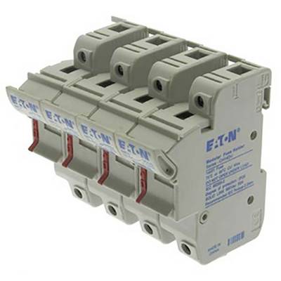 A four-pole protective switch with the 'EATON' marking on the front, is used to safeguard electrical circuits.