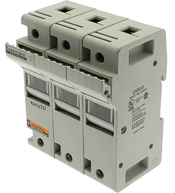 A grey three-pole circuit breaker with three switches and labelling on the left side, suitable for electrical installations.