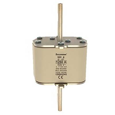 An NH fuse with 1250 A and 500 V, vertical view. Beige housing with inscription. CE marking visible.