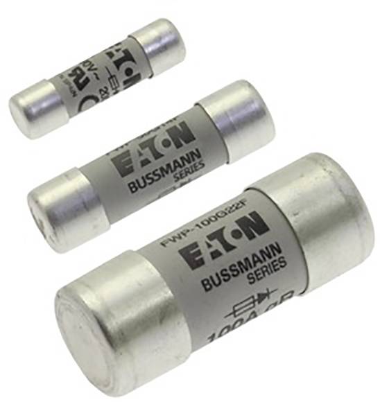 Three cylindrical fuses of different sizes, with the inscription 'Eaton Bussmann Series', against a white background.
