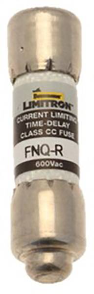 A Limitron FNQ-R 600Vac fine fuse in cylindrical form, providing current limitation and time delay.