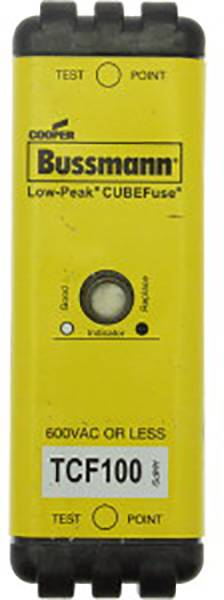 Yellow fuse with the marking 'Bussmann Low-Peak CUBEFuse'. Print reads '600VAC or less' and 'TCF100'.