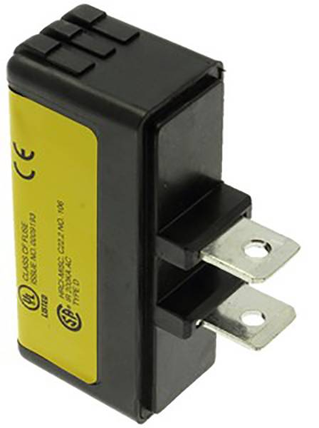 A black electrical connector with CE marking and two metal terminals.